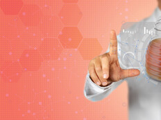 Man with honeypot and digital artwork on peach-colored background
