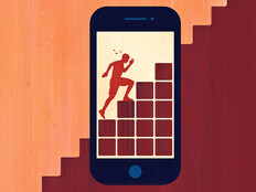 Illustration of person climbing staircase as seen through phone screen