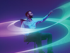 Person surrounded by a flowing digital wave