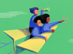 Illustration of students riding on a paper airplane