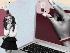 Collage with K12 student thinking next to large laptop computer