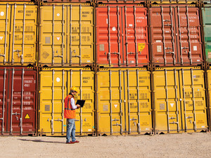 Supply Chain Disruptions - dock worker with laptop standing in front of cargo containers stacked two high