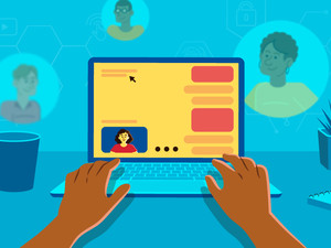 Teacher working on laptop with students illustration