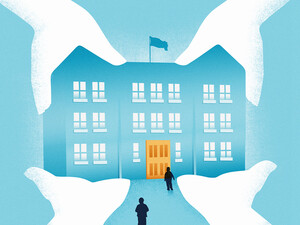 Illustration of four hands holding a school building