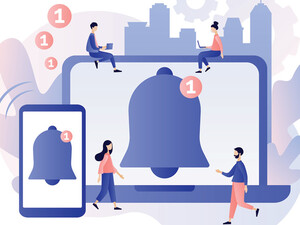 large illustrated screens with notification bells surrounded by 4 tiny people