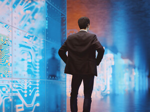 Businessperson standing in VR environment