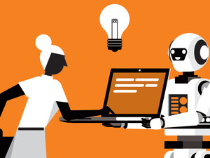 Illustration in black, white and orange of person using AI-powered laptop held by a robot