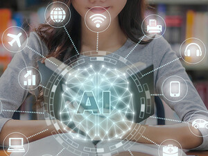 AI and reading concept with a background of a student in a library reading.