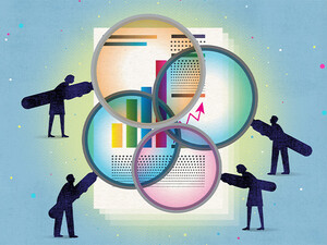Illustration of magnifying glass looking at report card