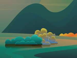 Digital drawing of bluffs with mountains in the distance