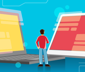 Educator considering laptop options illustration