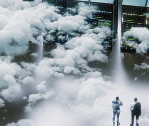 People standing in front of cloud data center