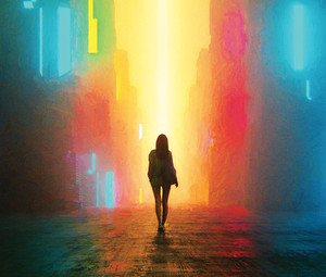 Illustration of a person walking through a city at night