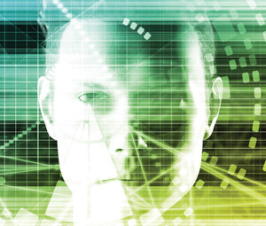 Portrait of person obscured by technology overlay to symbolize cybersecurity and physical security