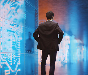 Businessperson standing in VR environment