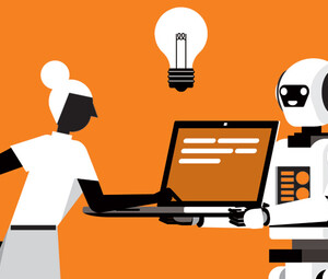 Illustration in black, white and orange of person using AI-powered laptop held by a robot