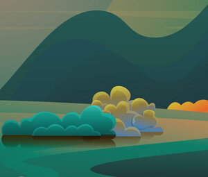 Digital drawing of bluffs with mountains in the distance